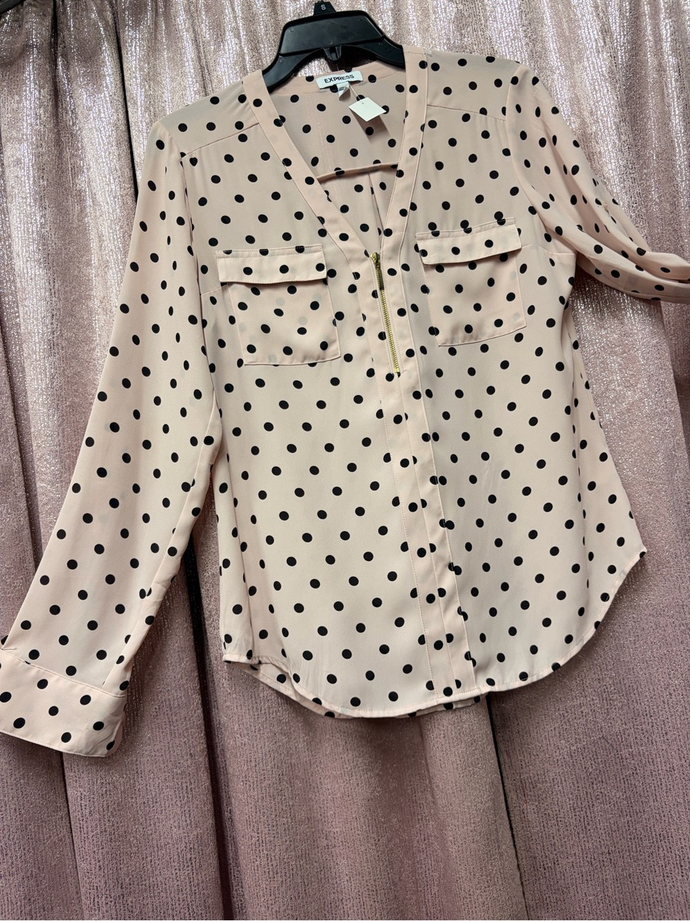 Express Beige Polka Dot Long Sleeve Blouse with Black Dots